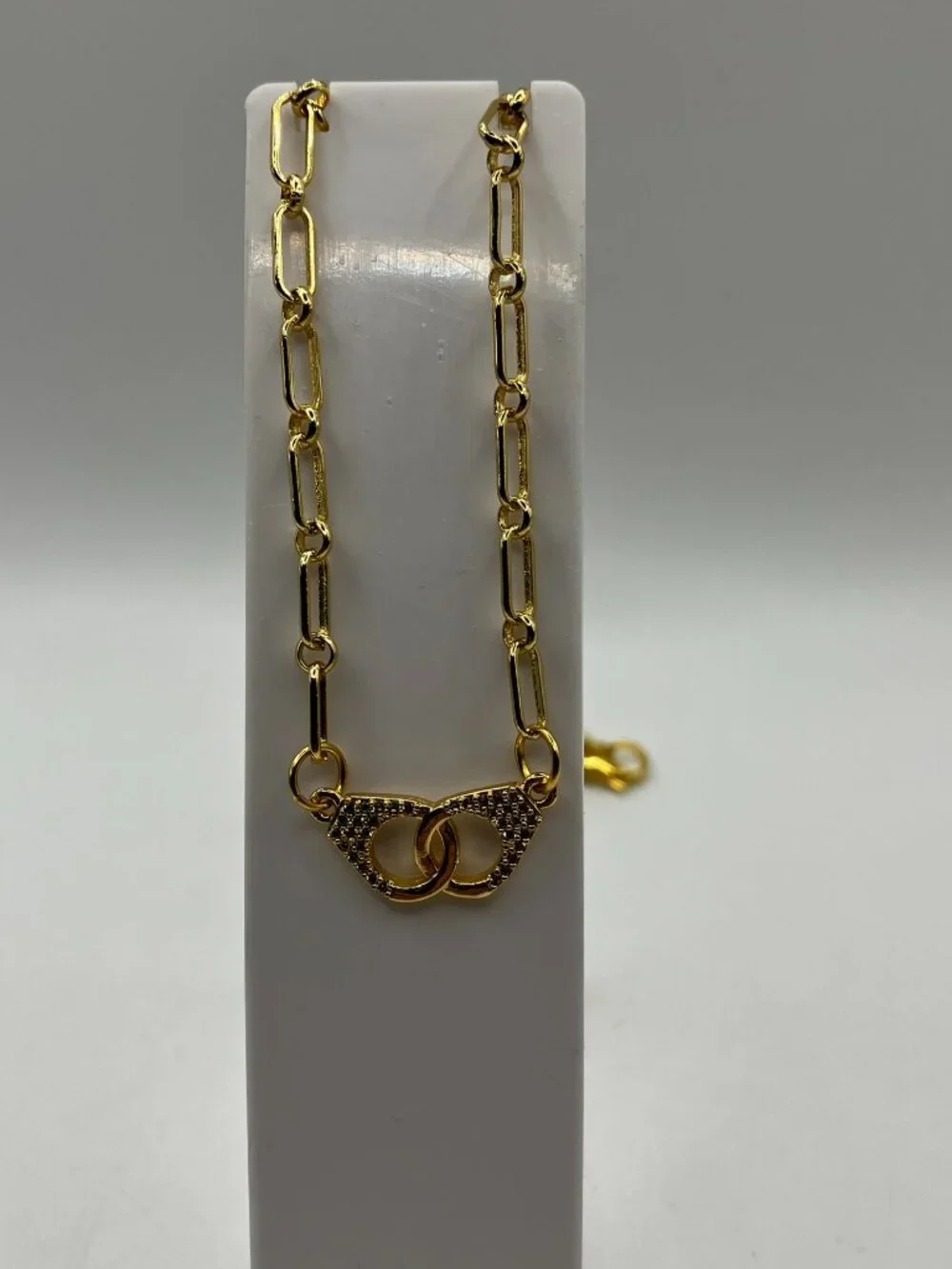 Unique Real 18k Gold over Brass Paperclip Chain + Hand cuffs Pendant 18-in NEW